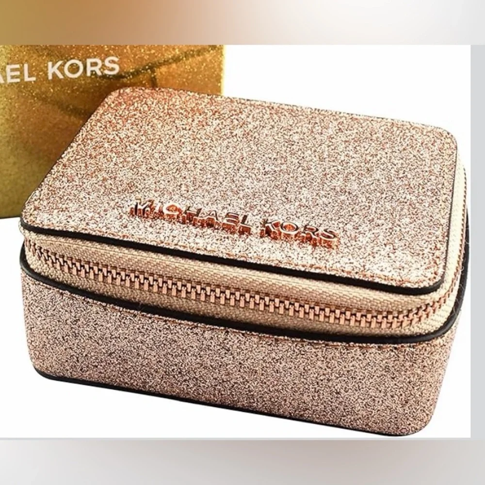 Michael Kors Shimmering Glitter Gold travel pill medication or jewelry case NEW!